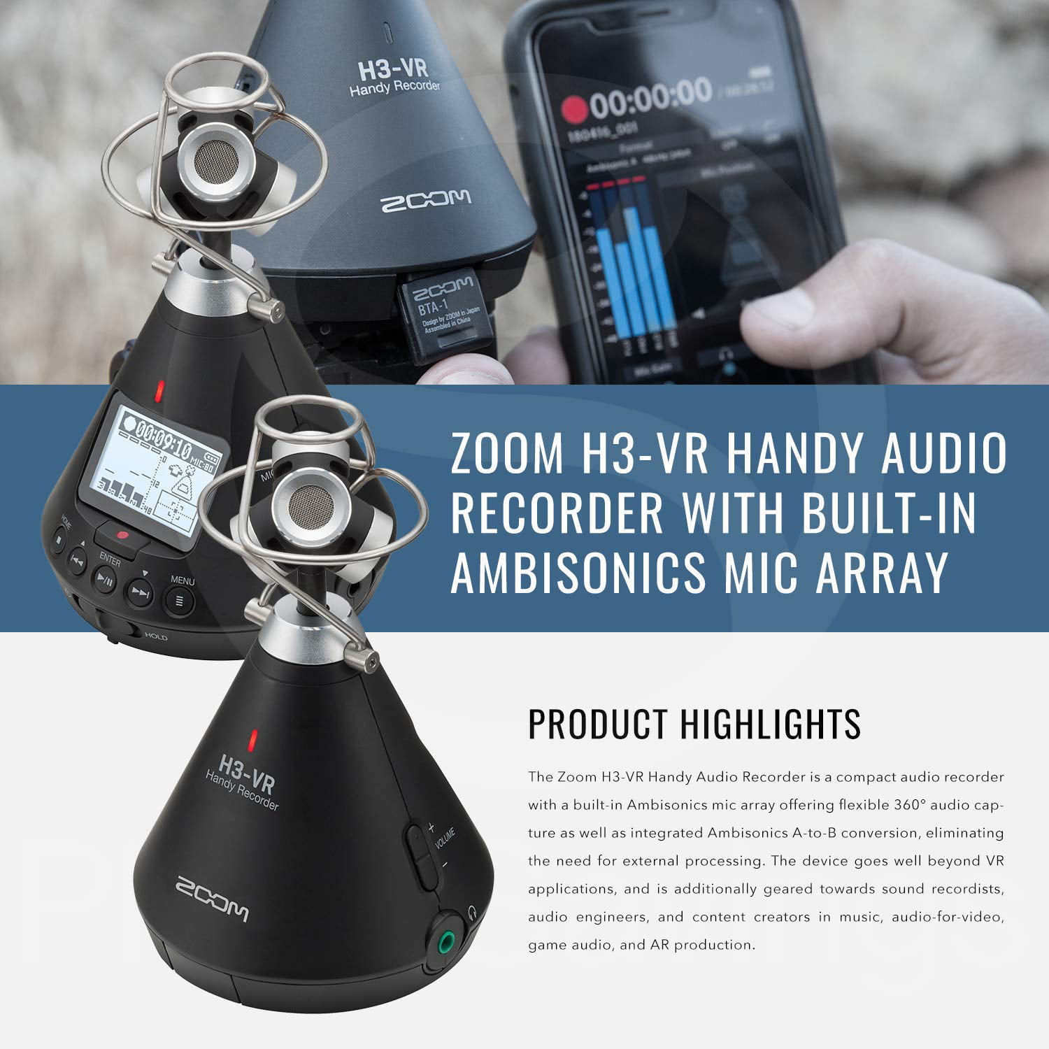 Zoom H3-VR Handy Multi-Track Digital Audio Recorder with 32GB Card & Pro Audio Headphones Platinum Accessory Bundle 
