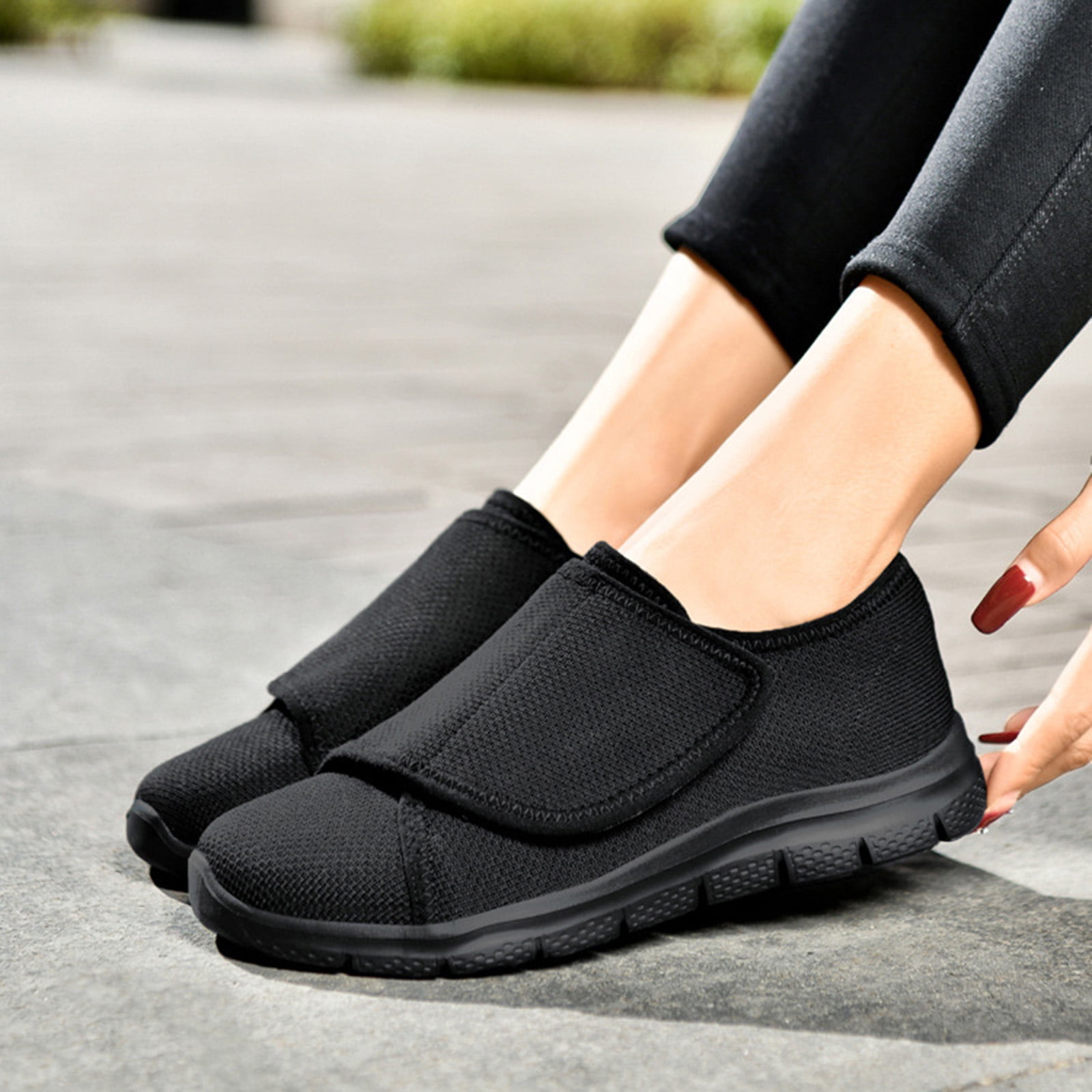 Women's Slip On Canvas Casual Shoes Wide Toe Box Lightweight Sneakers Hook and Loop Non Slip Teenis Shoes Black Size 10