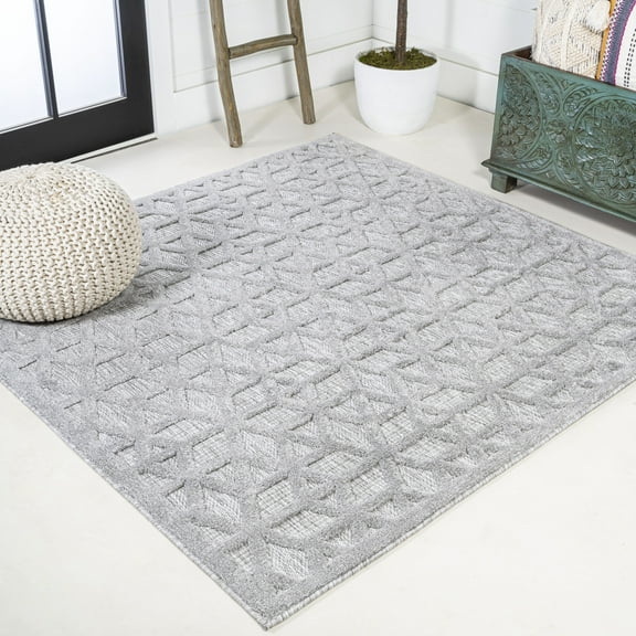 JONATHAN Y IBIZA 5' Square Area Rug, Talaia Neutral Geometric - Light Gray, IBZ102C-5SQ