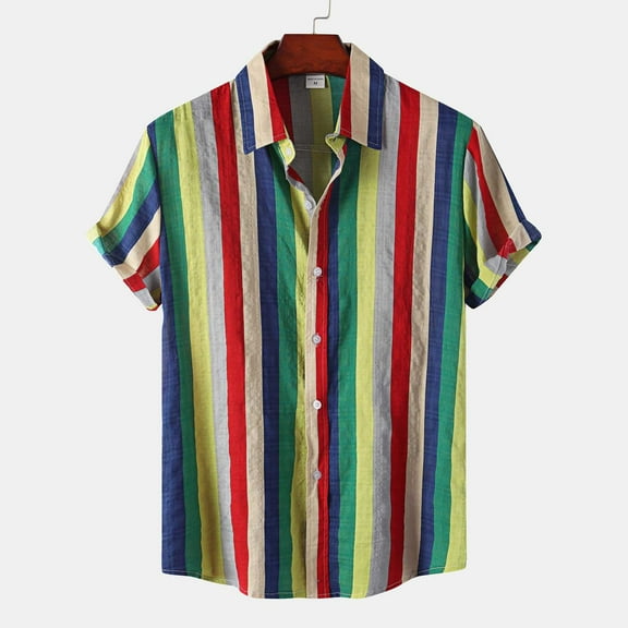 QUINDOS Button up Hawaiian Shirts for Men Summer Cotton Blend Short Sleeve Casual Shirts Vacation Beach Loose Fit Striped Shirts