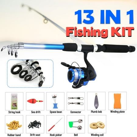 13pcs 1.8m Fishing Rod and Reel Combo with Fishing Line Foldable Telescopic Fishing Rod + High Gear Ratio Spinning Reel String+ Hook Set Combos Fishing