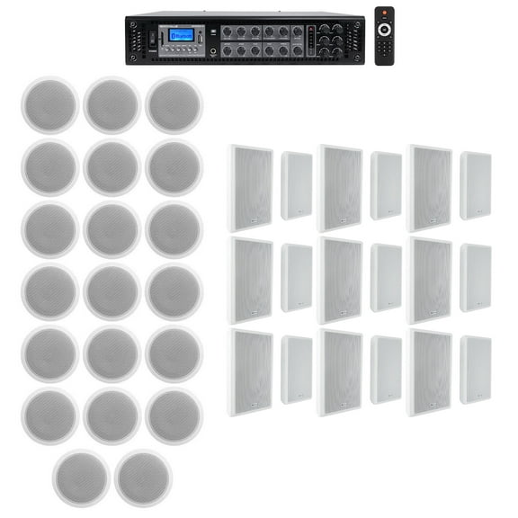 Rockville 6-Zone Amp 20) 6" White Ceiling 18) Wall Restaurant/Bar/Cafe Speakers