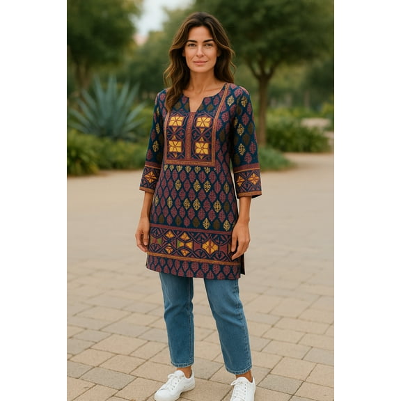Tunic for Women Gold Foil Round Neck Printed Short Crape Kurti Kurta 3/4 Sleeves Tunic Top.