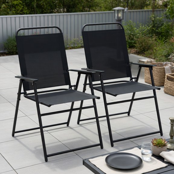 Demi Bonn Outdoor Folding Sling Chairs Set of 2 with Armrest and Backrest, Outdoor Accent Furniture Lounge Chairs for Yard, Garden, Patio, Black