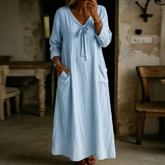 Ovbmpzd Loose Summer Dresses for Women With Long Sleeves Plus Size Boho V Neck Smocked Shirt Dresses Fall Casual Light Blue Dresses,S