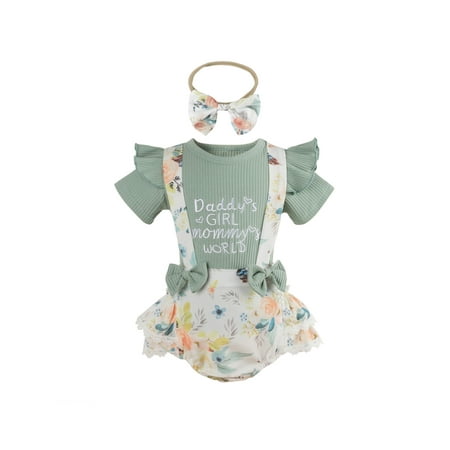 

Awoscut Newborn Baby Girl Summer Clothes Knit Short Sleeve T-Shirt Flroal Print Suspender Shorts Set