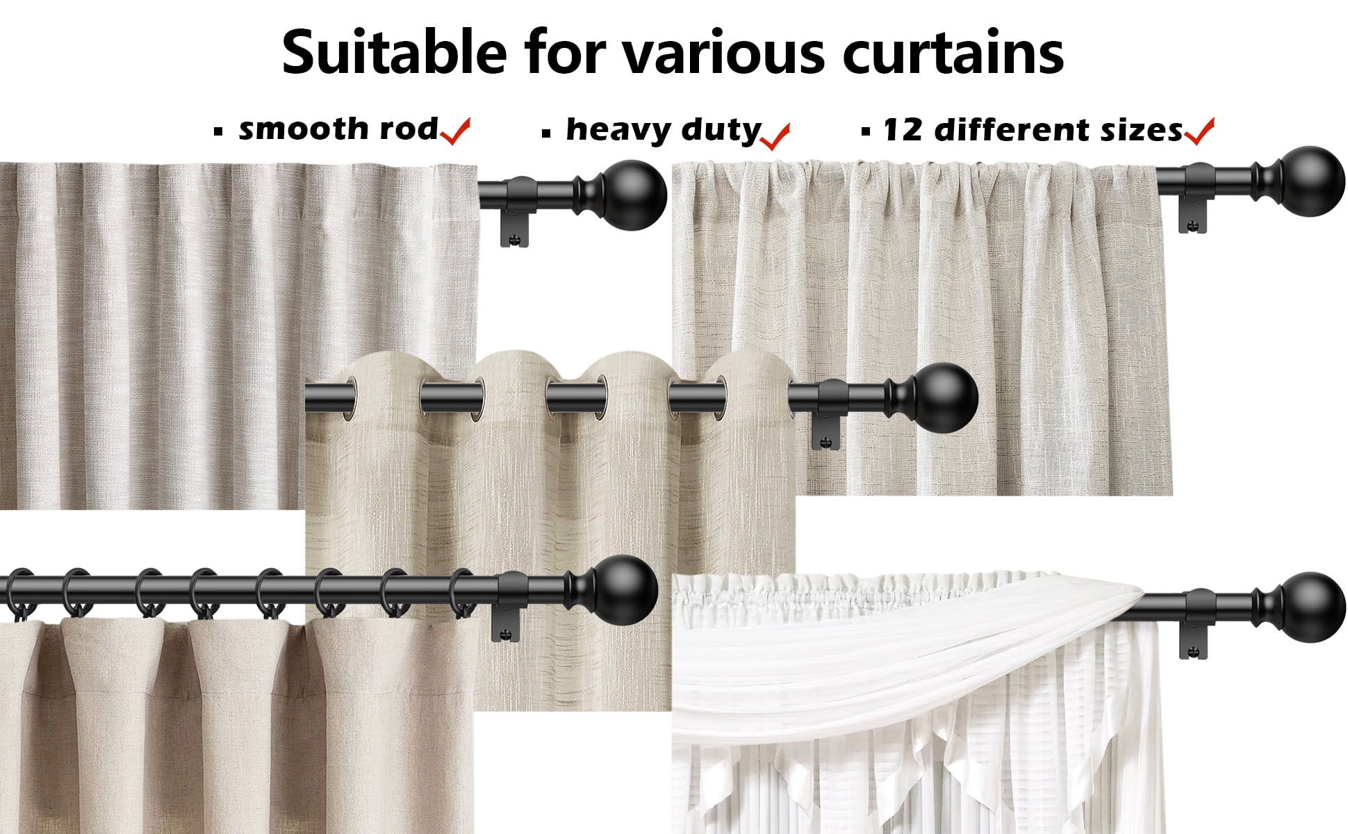 BloomFlower Curtain Rods 48-84 Inch, 92-inch rod Adjustable Length Heavy Duty Diameter 7/8 inch, Decorative Finials, Black
