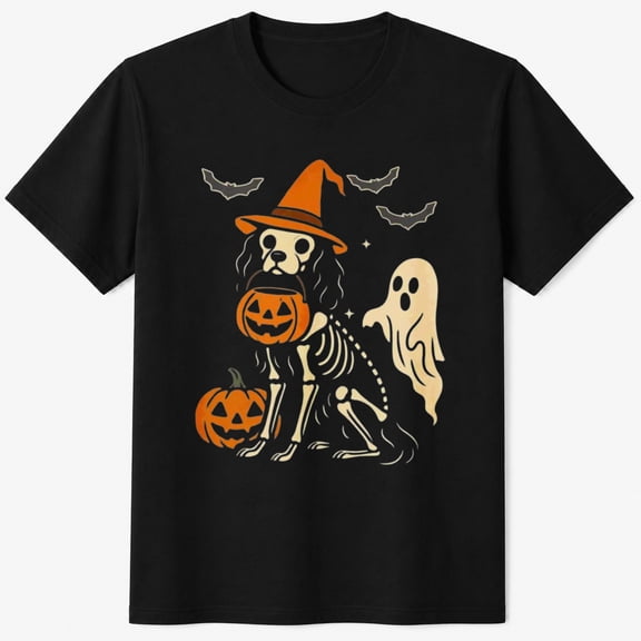 Skeleton Witch Ghost and Pumpkins Halloween T-Shirt, Funny Spooky Season Graphic Short Sleeve Casual Shirt