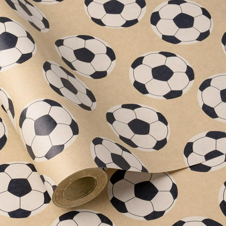 RUSPEPA Football Wrapping PriNst Paper Roll for Men Boys Kids, Mini Roll, Black and White Soccer Ball Design Kraft Gift Wrap for Birthday, Game Day, Sports Party, 17 Inches x 16.4 Feet