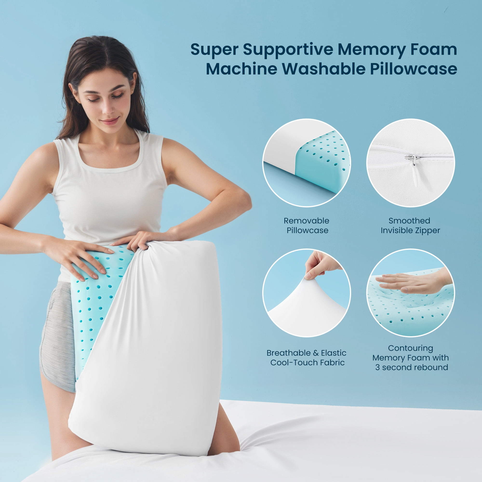 SLEEP ZONE Cooling Memory Foam Pillow Medium Firm Support for Back, Stomach and Side Sleepers (White, Queen, 1 Pack)
