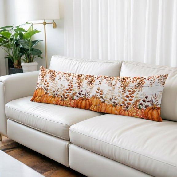 Orange Pumpkins Fall Body Pillow Cover 20x54, Thanksgiving Eucalyptus Leaves Wooden Decorative Pillowcase with Zipper, Microfiber Pillow Protector, Soft Breathable Long Lumbar Pillowcases for Women
