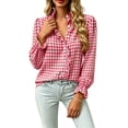 thumbnail image 2 of Feancey Womens Gingham Button Down Shirt Ruffle Stand Collar Long Sleeve Plaid Shirts Dressy Casual Business Shirts 2026 Trendy Clothes Pink M, 2 of 10