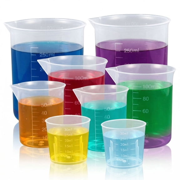 8 Pcs Plastic Graduated Beaker 4 Sizes Transparent PP Measuring Cup Mixing Cup in 1/1.7/3.4/8 oz Capacity for Kitchen Lab Science Experiments