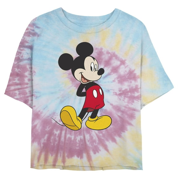 Juniors' Mickey & Friends Smiling Mickey Mouse Portrait Cropped T-Shirt Blue/Pink/Light Yellow Small