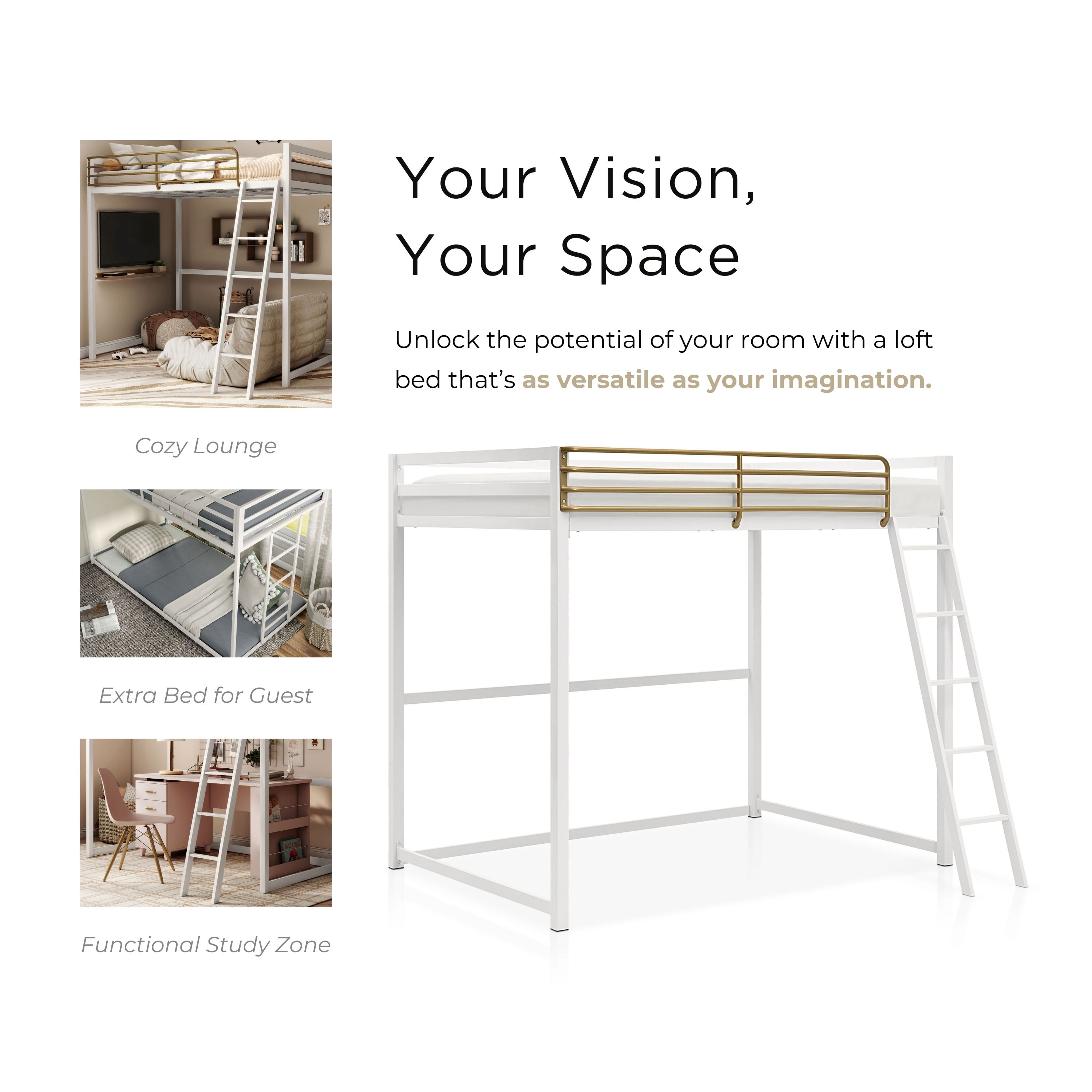 Furniture of America Metal Full Loft Bed with Guardrails, White and Gold Two-Tone Finish