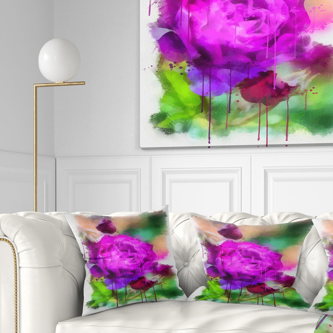 Sofa Throw Pillow 16 x 16 Designart CU13690-16-16 Purple Watercolor Rose Painting Floral Cushion Cover for Living Room