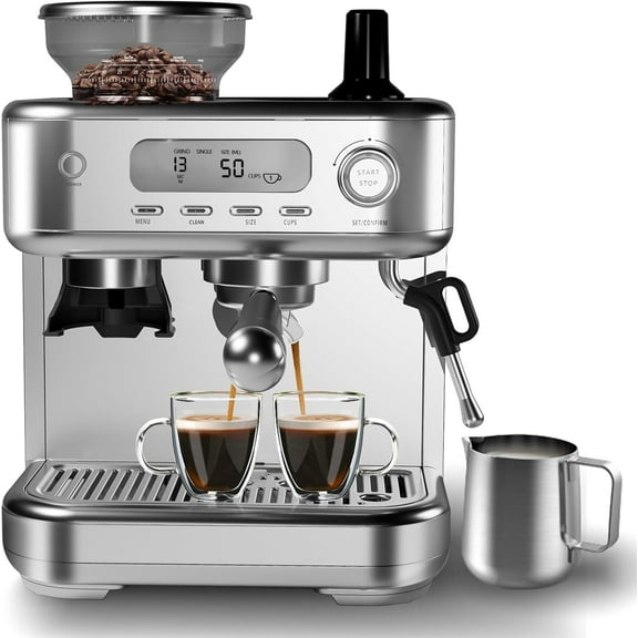 Yeshouse Professional Espresso Maker, 15 Bar Pump, Built-in Grinder, LCD, PID Control, Milk Frother, 8.8oz Bean Hopper