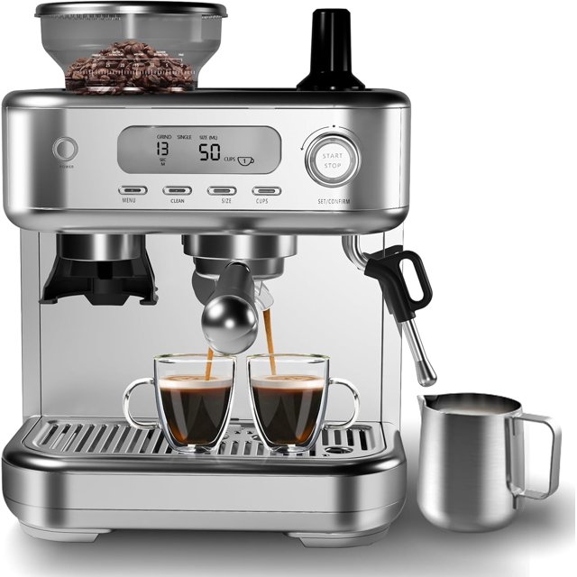 BeesClover Machine 15 Bar, LCD Display Espresso Maker with Grinder, Milk Frother and PID Temperature Control, Professional Coffee Maker for Latte Cappuccino - 8.8 Oz Bean Hopper