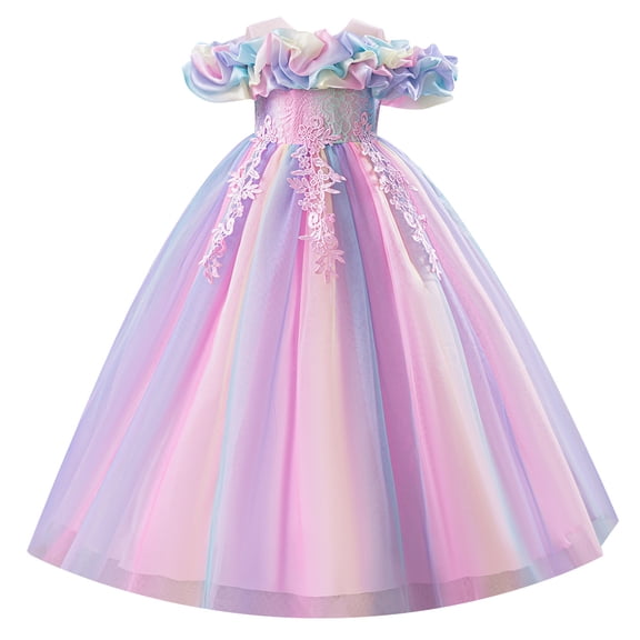 IBTOM CASTLE Girls Formal Dress Kids Party Wedding Party Birthday Princess Dresses Ball Gown Daughter Dance Dresses Sparkly Round Neck Lace Tiered Tulle Flower Girl Dress 7-8 Years Rainbow Pink