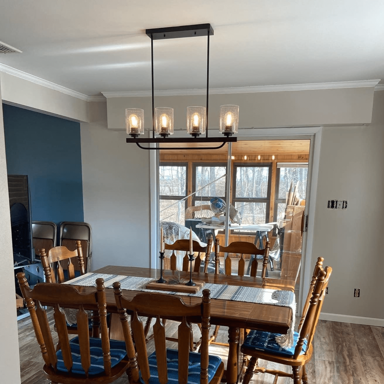 Depuley 4 Light Glass Pendant Light Rustic Track Ceiling Light Metal Wood Chandelier Lighting Fixture Hanging for Living Room Kichen Dining Restaurant, E26 Base