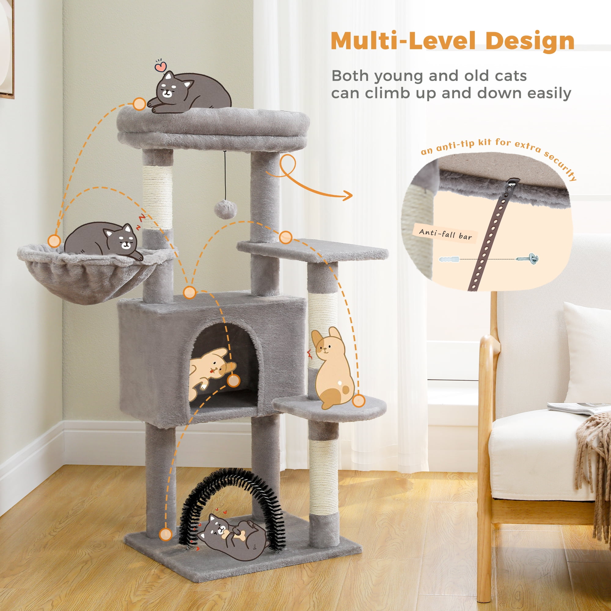 PAWZ Road 42" Cat Tree Condo With Large Perch Scratching Posts for Indoor Cats,Light Gray