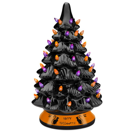 Best Choice Products Pre-Lit 15in Ceramic Tabletop Halloween Tree Holiday Decoration w/ Orange & Purple Bulb Lights
