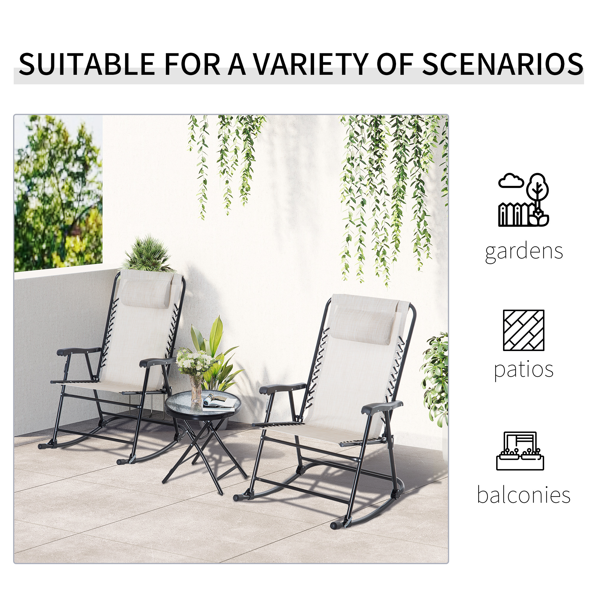 Outsunny 3 Piece Outdoor Rocking Chair Set, Patio Folding Lawn Rocker Set with Glass Coffee Table, Headrests for Yard, Patio, Deck, Backyard, Cream White - image 4 of 9
