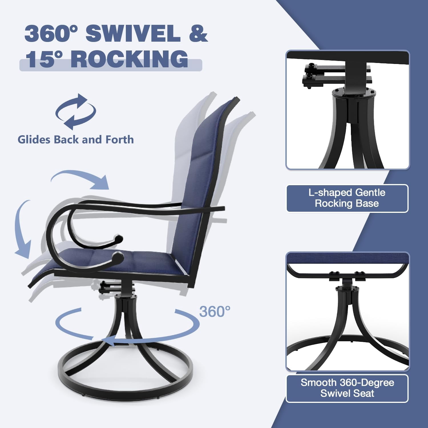 MELLCOM Patio Swivel Chair Set of 2, High Back Padded Textilene Outdoor Dining Chairs with Metal Frame, All-Weather Outdoor Furniture Rocker for Backyard, Navy