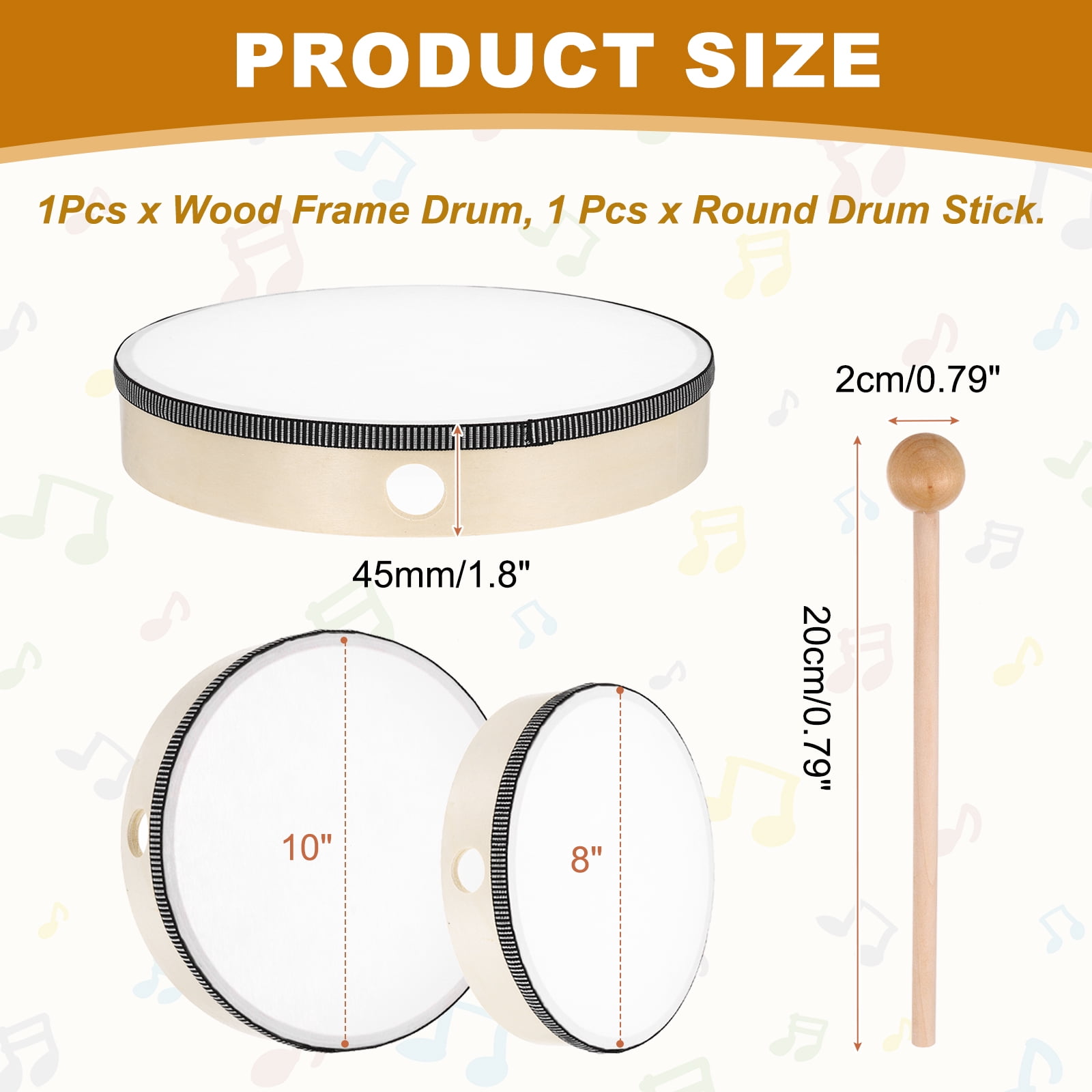 Uxcell 1 Pcs Hand Drum Music Percussion 10 Inch Wood Frame Drum Set with Drum Stick Musical Instrument for Musical Education Home Party Performance Supplies (Wood Color)