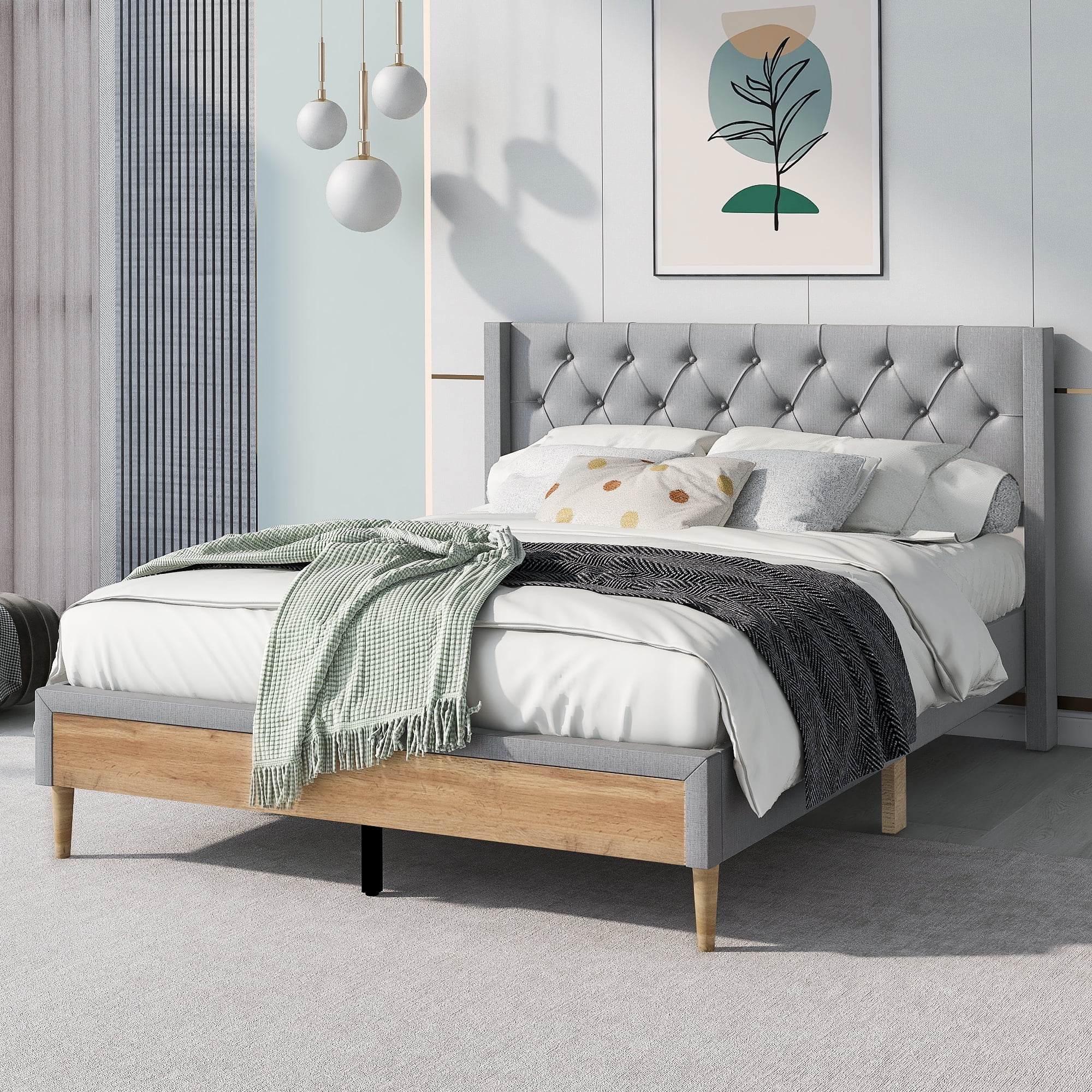 uhompro Gray Platform Bed Frame Frame Full Size with Upholstered Button