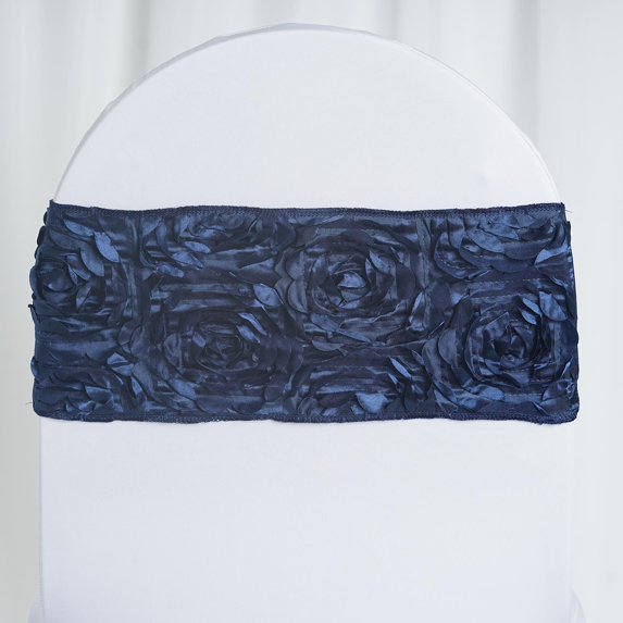Efavormart 5 Pack Navy Satin Rosette Spandex Banquet Wedding Chair Sashes Band For Wedding Party Banquet Event Decoration