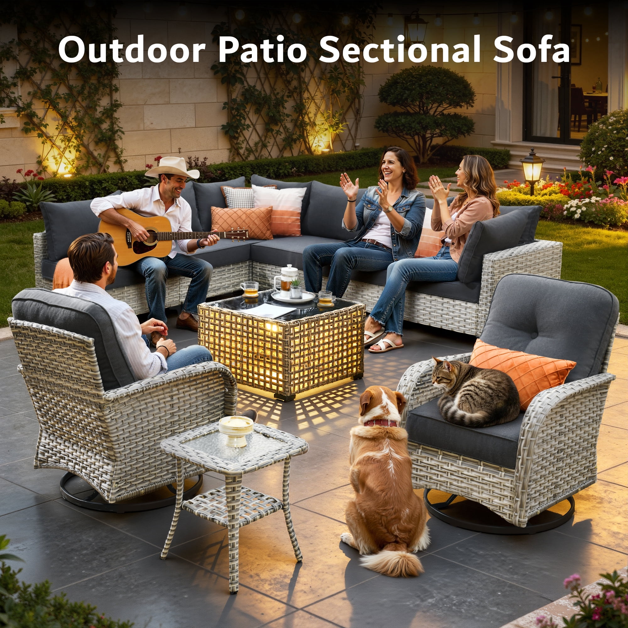 Vcatnet Outdoor Furniture 10 Pieces Patio Conversation Set All-Weather Rattan Wicker Outdoor Sectionals with Swivel Rocking Chair and Solar-Powered Coffee Table Black
