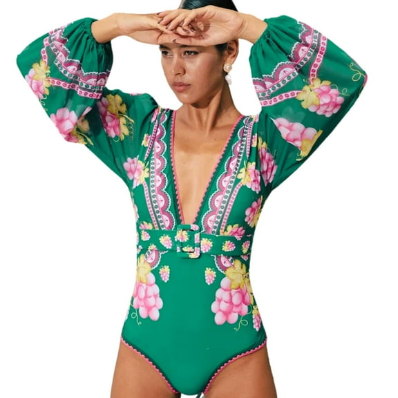 Flaxmaker Women One Piece Swimsuit Long Sleeve Deep V Neck Grapes Print Padded Swimsuit Two Piece Swimwear Bathing Suits