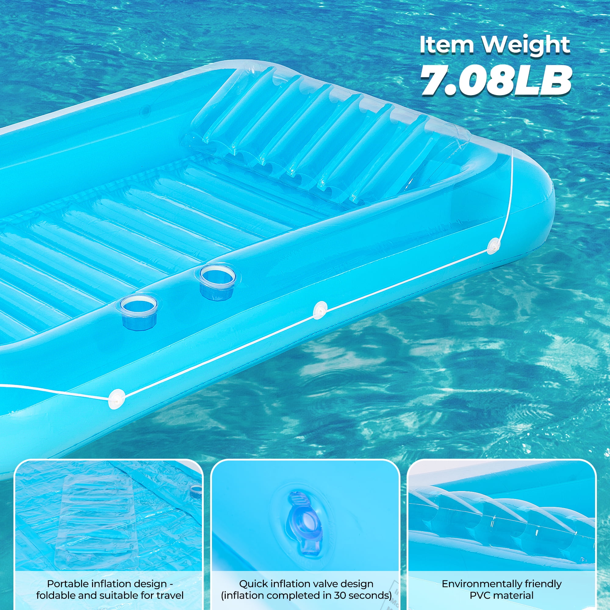 Naipo Inflatable Tanning Pool Lounger Float  75''*52" with Adjustable Pillow, 2 Cup Holder 2-in-1 Tanning Bed River Boat for Adults Dogs, Tanning Chair,  Raft 250LBS for Beach, Lake, Backyard