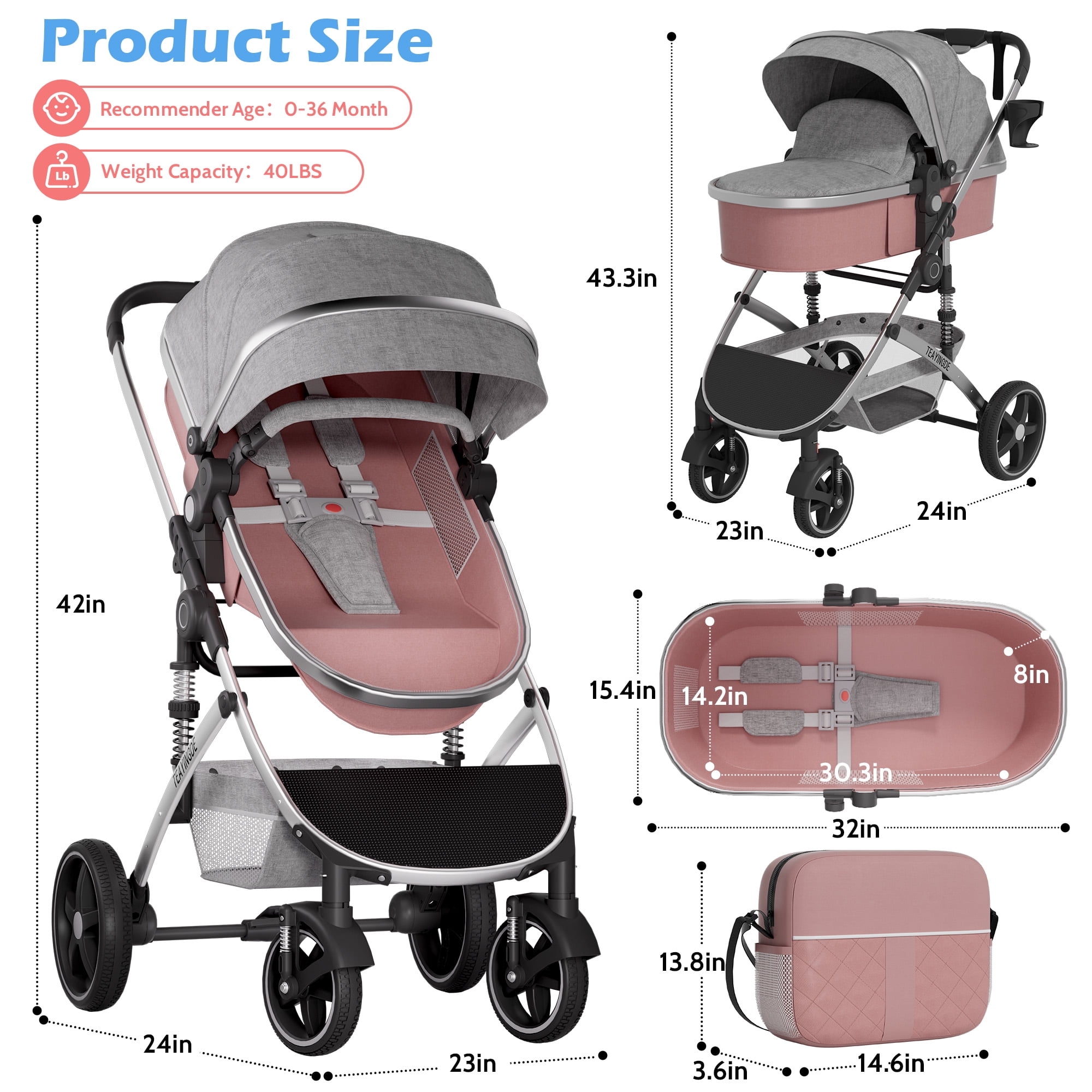 babyeap 2 in 1 Baby Stroller, Foldable Lightweight Carriage Reversible Bassinet Pram for Toddler, Travel Stroller with Cup Holder, Storage Bag, Pink