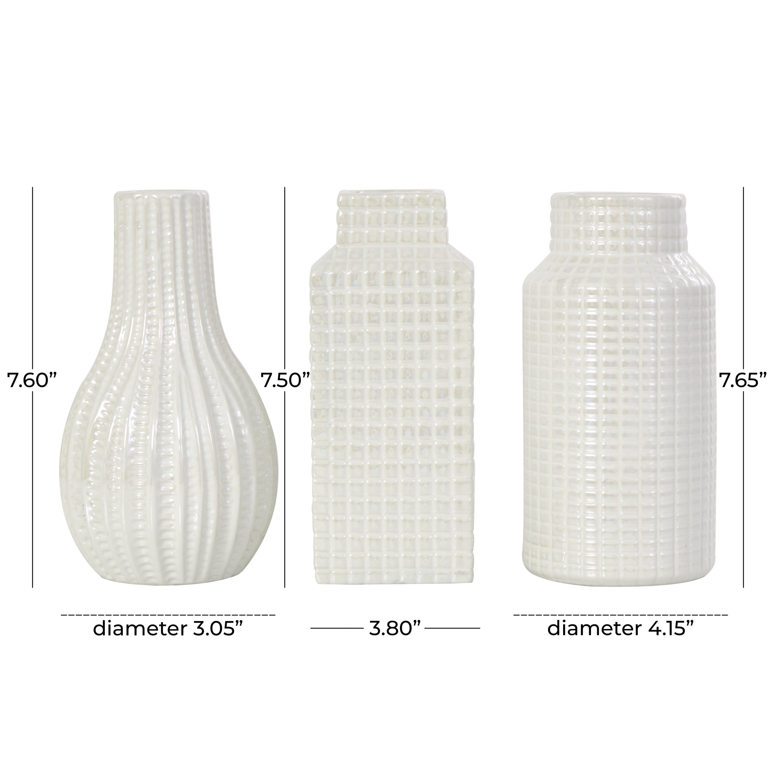 DecMode 3"W, 8"H Geometric Dimensional Textured Cream Ceramic Vase with Varying Shapes and Grid Patterns, Set of 3