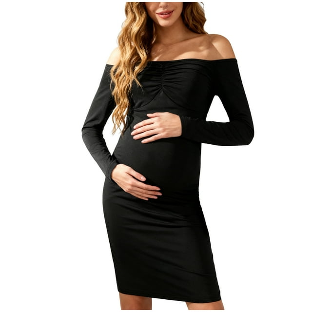 HSMQHJWE Maternity Fall Off The Shoulder Maxi Dress Spring Long Sleeve Ruched Fitted Bodycon