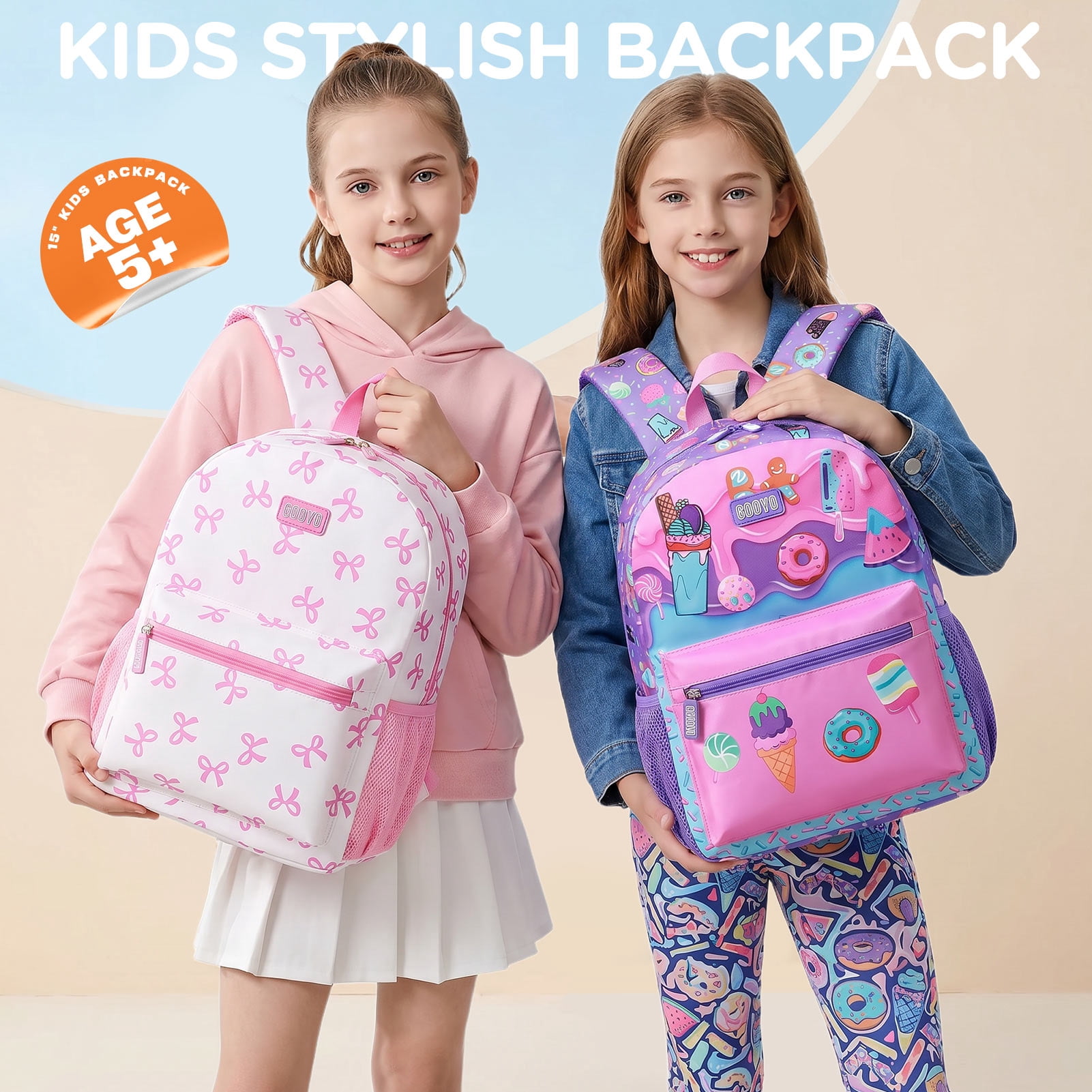 Gocvo Kids Backpack for Girls, Waterproof Teens Bookbag Cute School Backpacks, Students Bookbag Set with Lunch Box(Donut)
