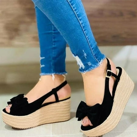 

Alueeu Women s Wedges Women s Bow Buckle Strap Wedges Weave Beach Open Toe Breathable Sandals Shoes