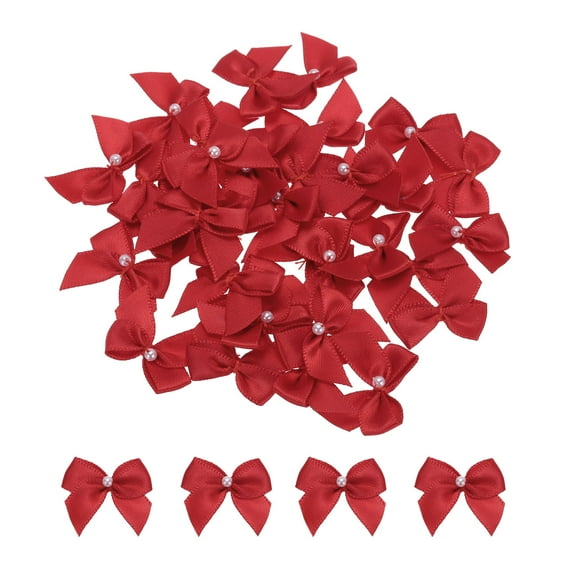 Uxcell 40Pcs Mini Red Ribbon Bow with Pearl 1" Ribbon Flowers Applique for Craft DIY Decoration