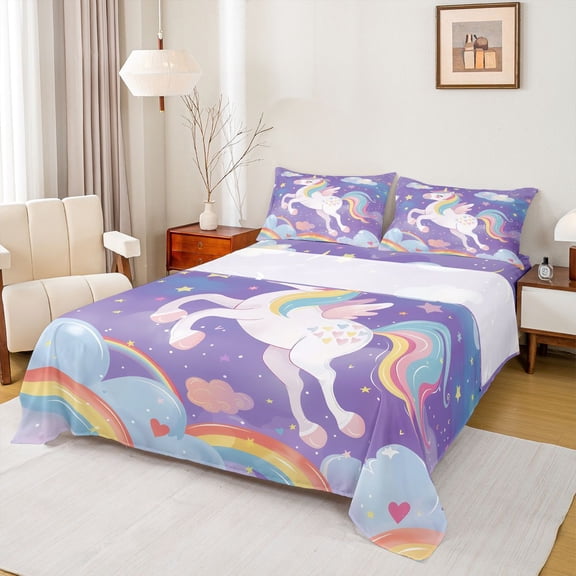 Castle Fairy Cartoon Rainbow Unicorn Twin Sheet Sets 3pcs for Preppy Child Girls,Kawaii Animal Twin Fitted Sheet Microfiber,Starry Sky Breathable Flat Sheet,Microfiber Bedroom Decor