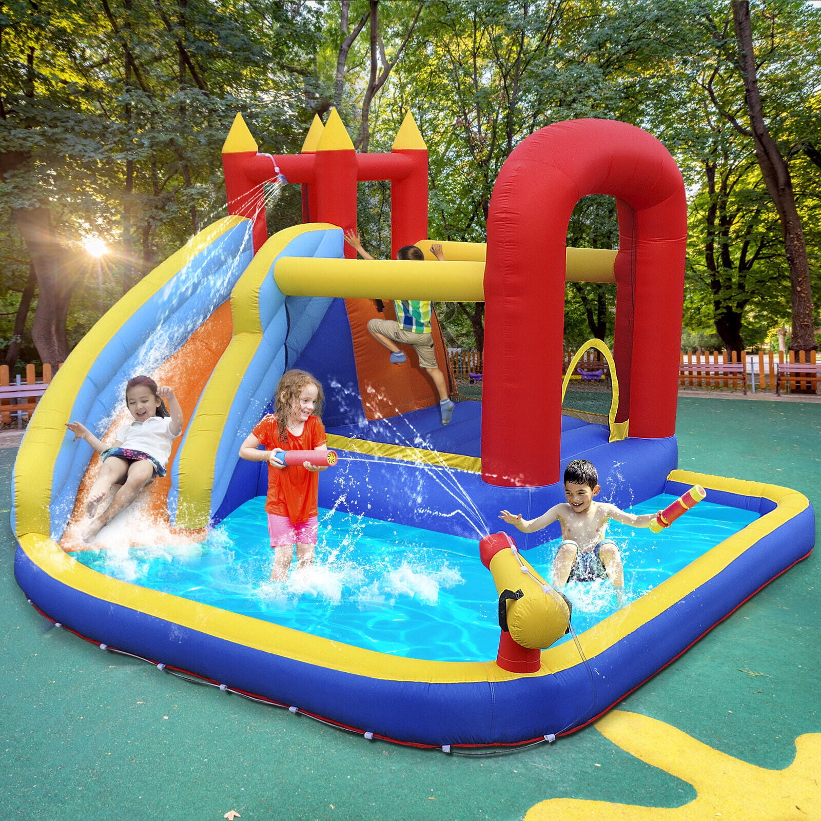 Joyldias Inflatable Water Slide Bounce House Playhouse with 4 Water Guns, Pool, Basketball Hoop, Air Blower, Bag