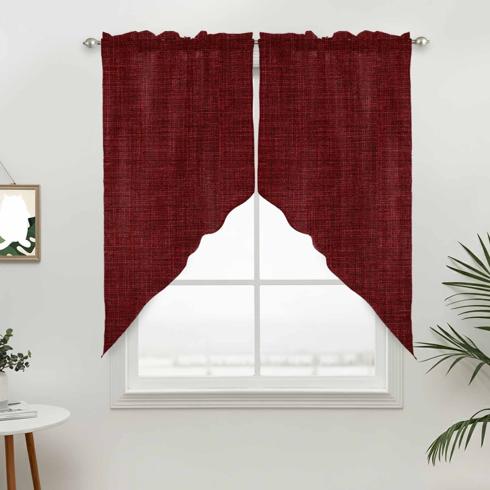 Swag Valance Curtains for Windows, Vintage Dark Red Light Filtering Kitchen Curtains, Farmhouse Retro Solid Color Linen Texture Window Treatment Valances for Living Room, 36x36 - 2 PCS