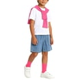 thumbnail image 6 of Boys 4 Pieces Back To School Outfit Round Neck Solid Short Sleeve Tee and Pockets Denim Shorts and Shawl and Knee High Socks Performance Outfits Casual Clothes Set 3-16 Years, 6 of 9
