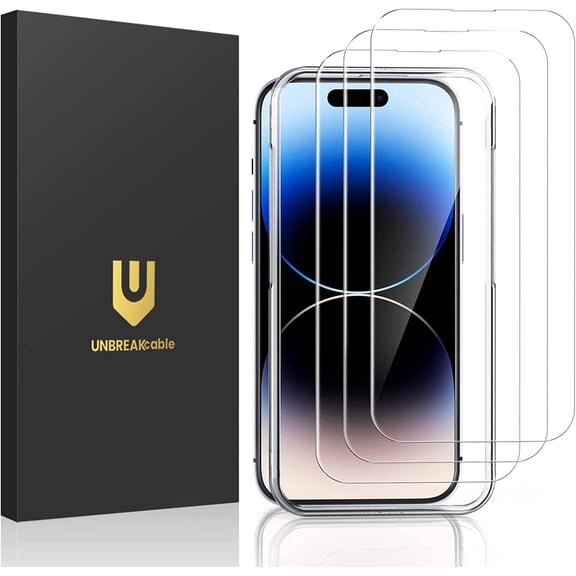 UNBREAKcable 3-Pack Tempered Glass Screen Protector for iPhone 14 Pro, 9H Hardness, Case Friendly, Easy Install