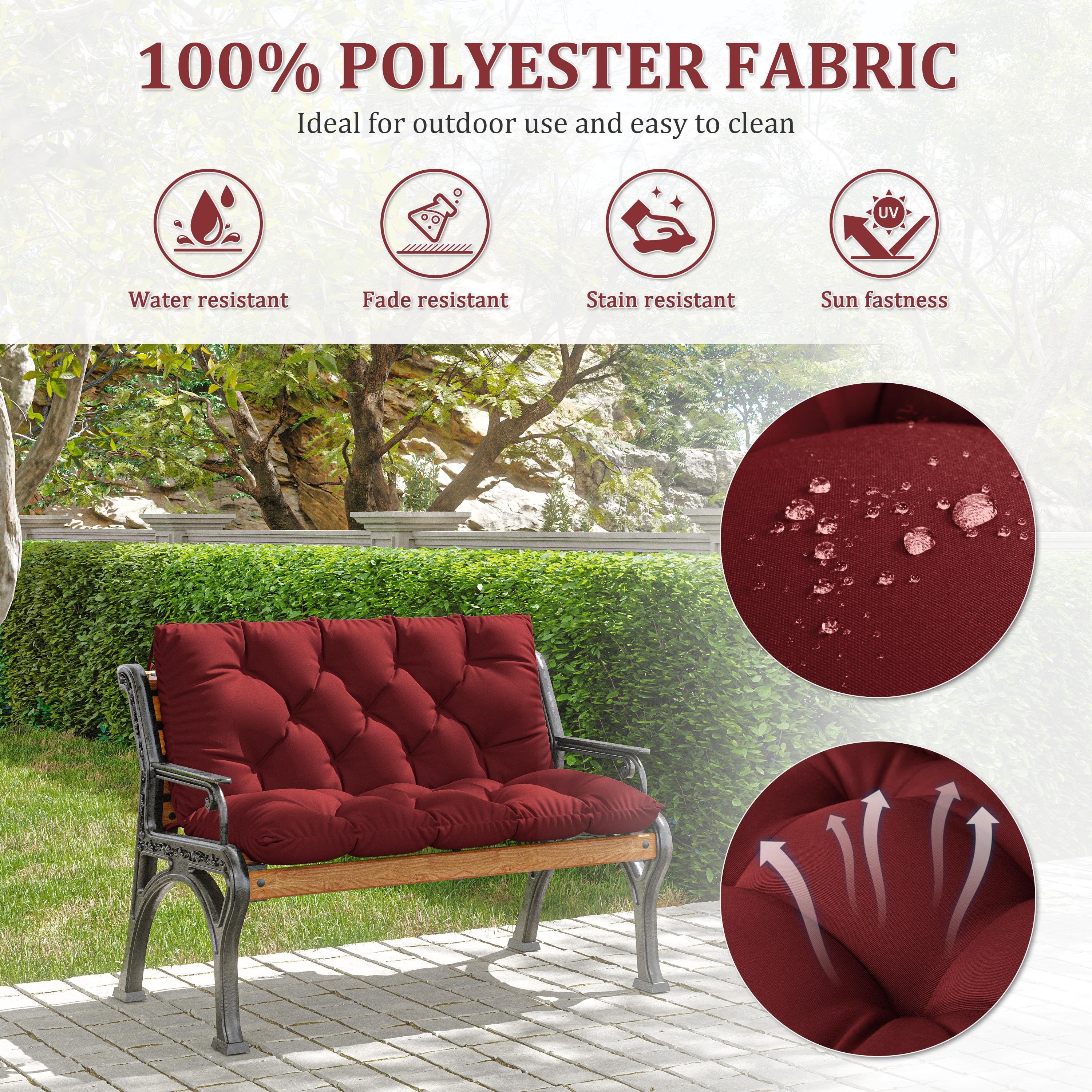 Kimunuk Outdoor Porch Swing Cushion, 40" X 40" X 5" Waterproof Bench Chair Replacement Cushion with 6 Ties for Patio, Burgundy