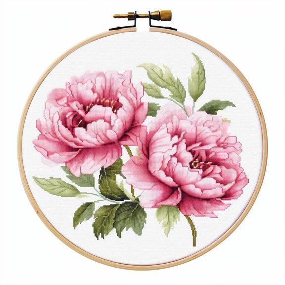 Cartoon Simple Peony Flower 11CT Stamped Cross Stitch Kits Easy for Beginners Child with Hoop DIY Needlepoint Counted Embroidery Kits Art Craft Wall Decor 12x12IN(2)