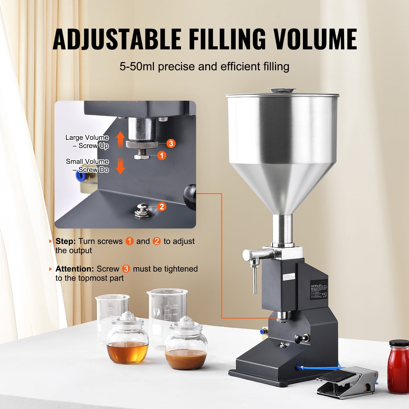 SKYSHALO Air-Operated Liquid Dispenser, 5-50ml Capacity, Stainless Steel, for Milk, Water, Juice, Essential Oils, Shampoo, Cosmetics, Honey, Lotion, Includes Foot Pedal