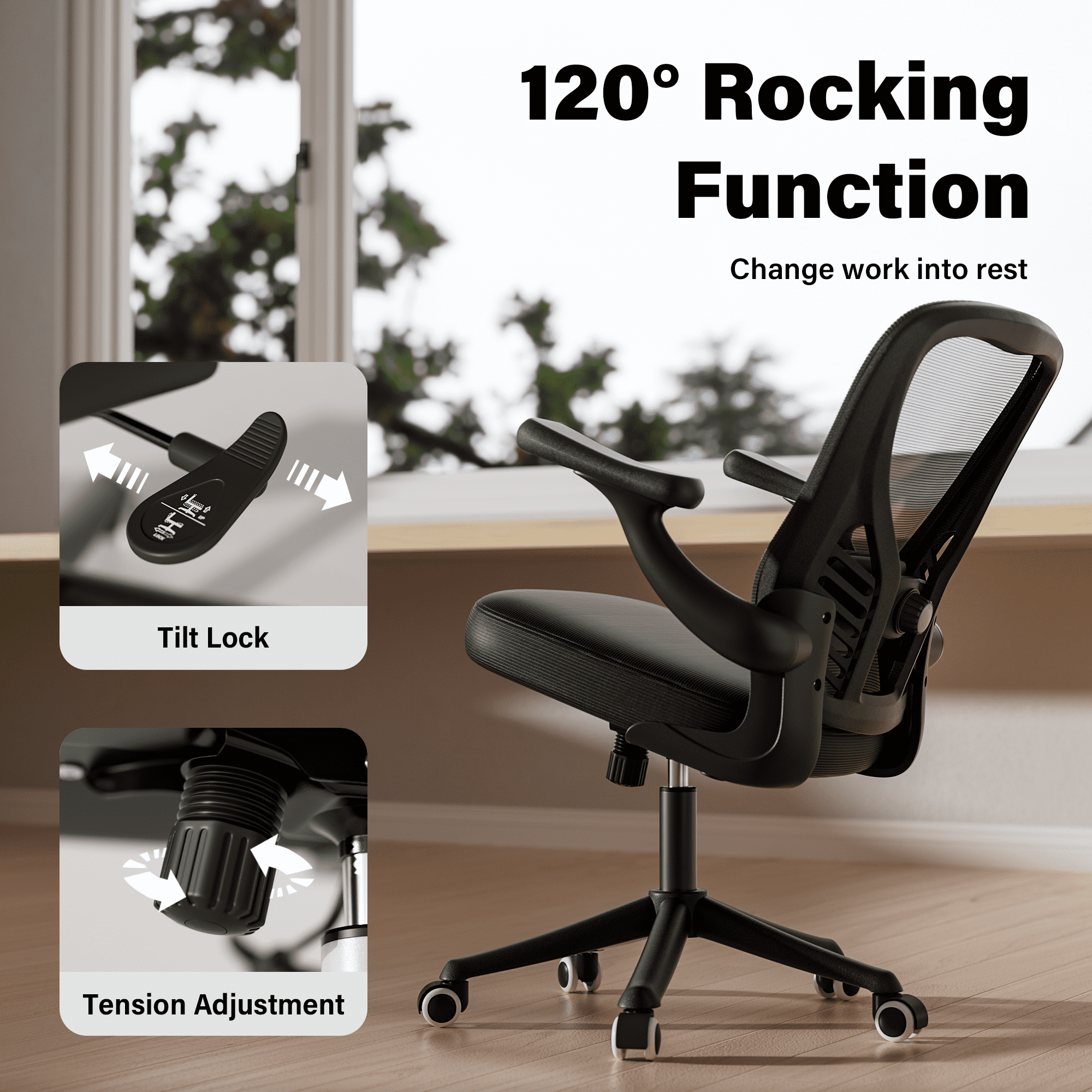 Solfway Black Mesh Computer Desk Chair, Ergonomic Mesh Office Chairs with Adjustable Lumbar Support, Height, 3D Flip-up Arms, Wheels, Rocking Function