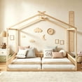thumbnail image 3 of Bellemave Double Twin Floor Bed for 2 Kids, Wood Montessori Floor Bed Frame with Safety Guardrails, Low‑Profile House‑Shaped Design, No Box Spring Needed for Toddlers Boys and Girls Teens, Natural, 3 of 13